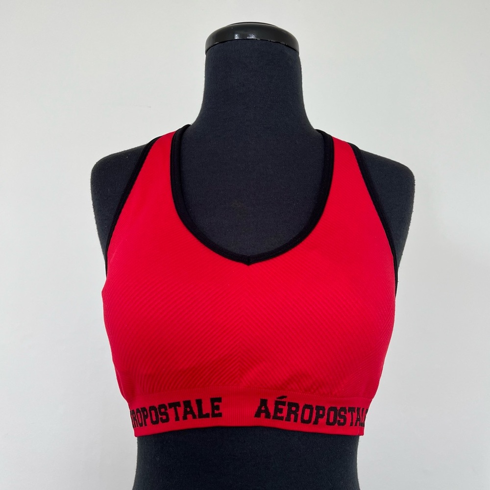 Aeropostale Red and Black Ribbed Racerback Logo Sports Bra, L